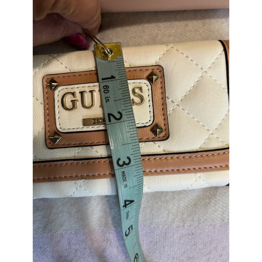 Guess Satchel Hand Bag Quilted Cream & Matching Wallet Set 2pc Logo Adj Strap